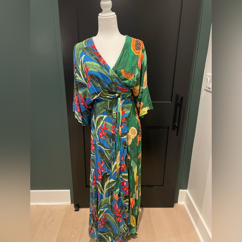 FARM Rio Green Tropical Maxi Dress with Red & Yellow Floral Print